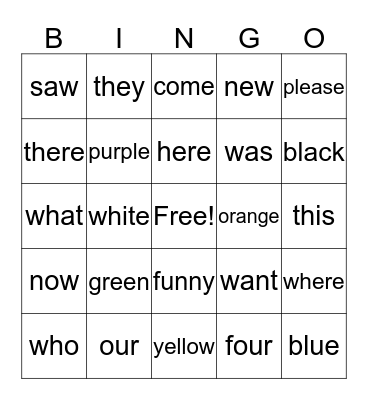 Sight Words    2 Bingo Card