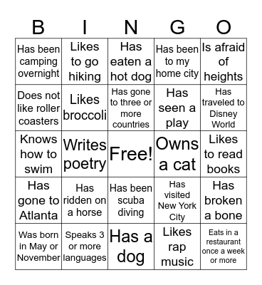 Getting To Know You Bingo Card