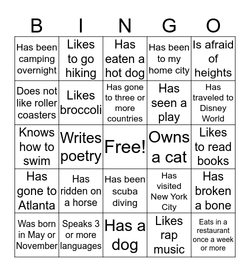 Getting To Know You Bingo Card