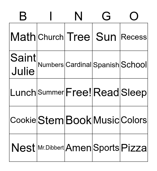 Saint Johns Bingo Card