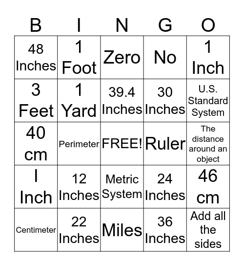 Perimeter and Measurement Bingo Card Bingo Card