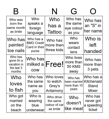 Bridal Shower Bingo Card