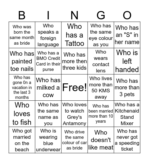 Bridal Shower Bingo Card