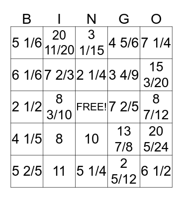 Fraction Bingo Card