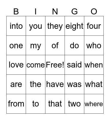 Sight Words Bingo Card