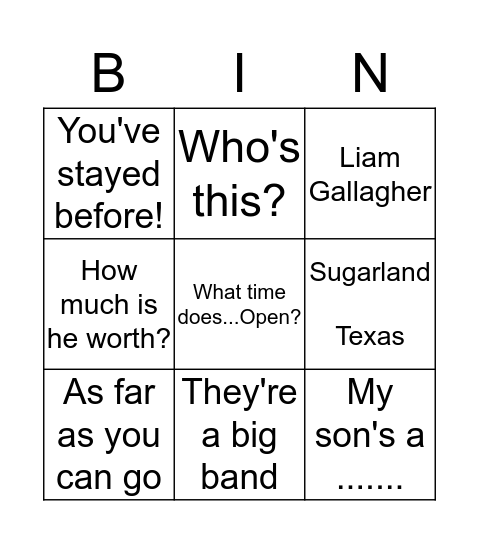 Steve Short Bingo Card