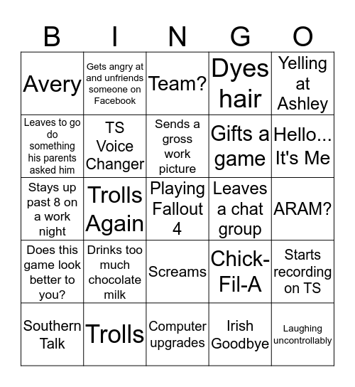 Sam Bingo Card