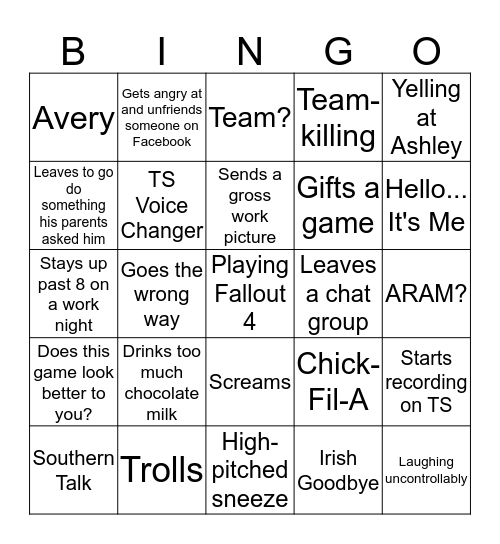 Sam Bingo Card