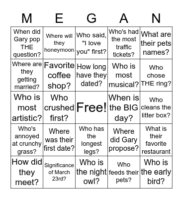 Megan's Shower Bingo Card