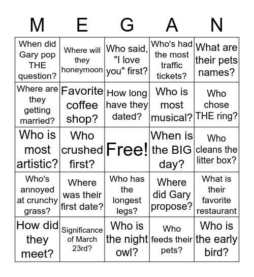 Megan's Shower Bingo Card