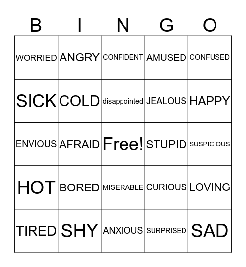 Feelings and Emotions Bingo Card