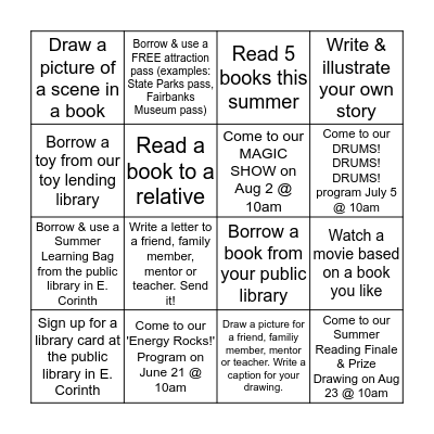 SUMMER LIBRARY BINGO CHALLENGE *** K - 3rd Bingo Card