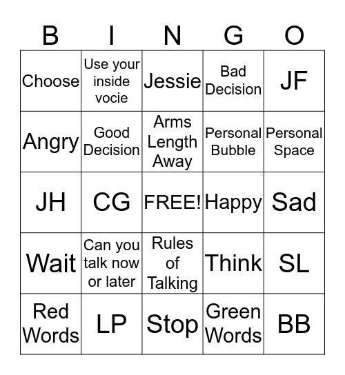 Social Skills Bingo Card