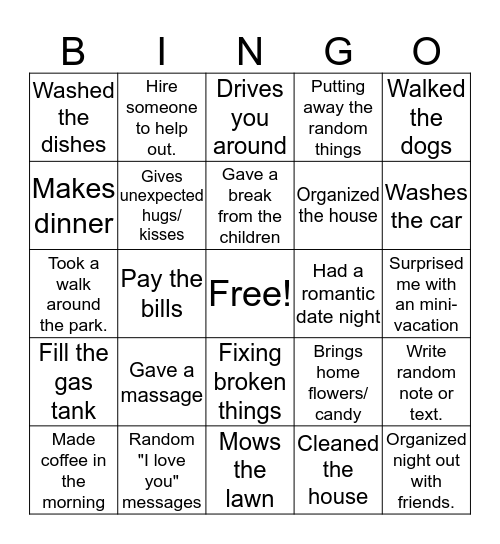 Acts of Services Bingo Card