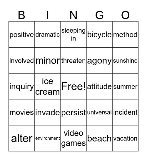 Target Vocabulary Word Bingo for the Year Bingo Card