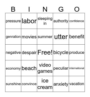 Target Vocabulary Word Bingo for the Year Bingo Card