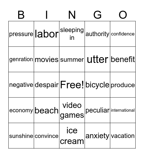 Target Vocabulary Word Bingo for the Year Bingo Card