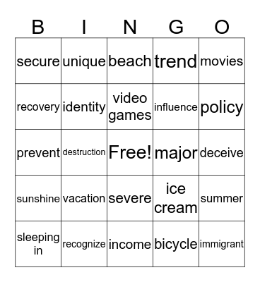 Target Vocabulary Word Bingo for the Year Bingo Card