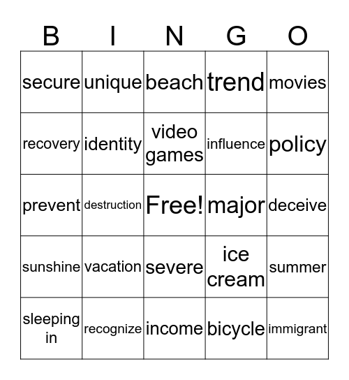 Target Vocabulary Word Bingo for the Year Bingo Card