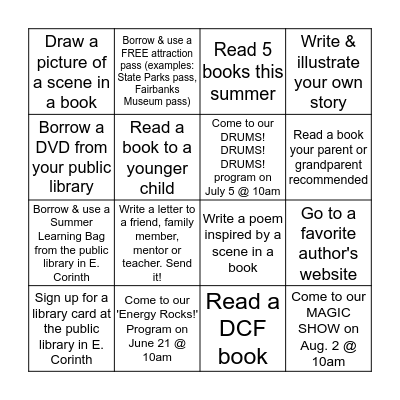 SUMMER LIBRARY BINGO CHALLENGE *** 4th - 8th Bingo Card