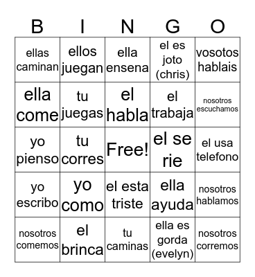 present tense verbs Bingo Card
