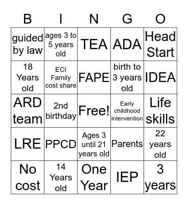 Transitions  Bingo Card