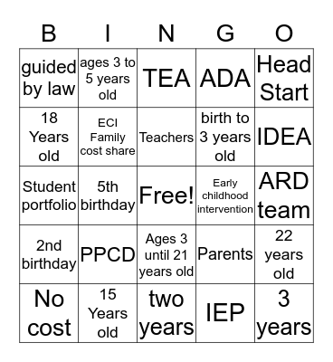 Transitions  Bingo Card