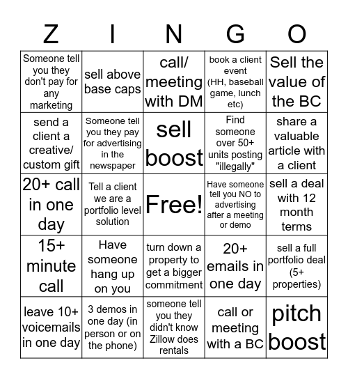 ZINGO  Bingo Card