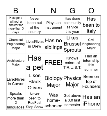 T.R.U.S.T. Bingo Card