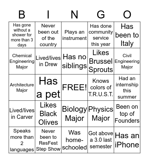T.R.U.S.T. Bingo Card