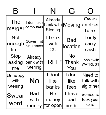 Consumer Checking Account Bingo Card