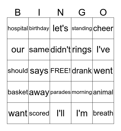 2nd Grade Bingo Card