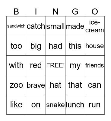 Grade 1 Bingo Card