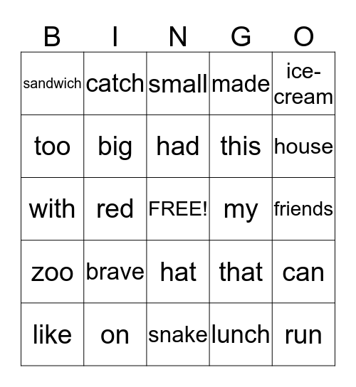 Grade 1 Bingo Card