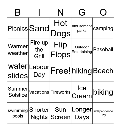 Summer Time  Bingo Card