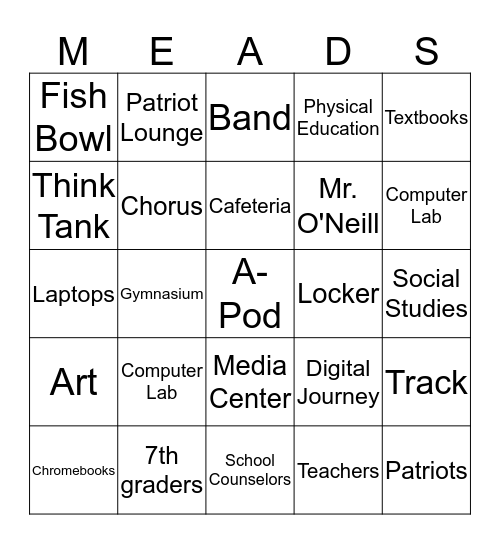 Meads Mill Middle School Bingo Card