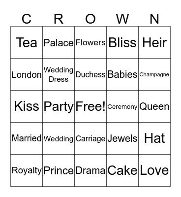 Carlene's Royal Wedding Bingo Card