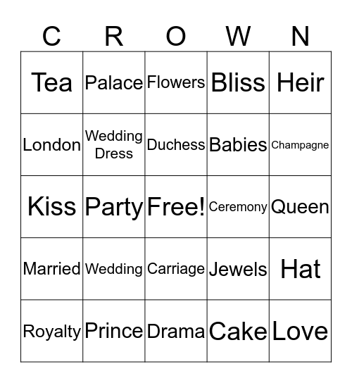 Carlene's Royal Wedding Bingo Card