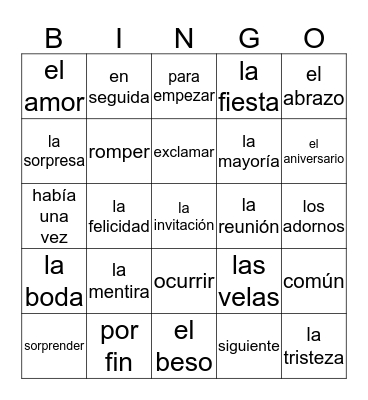 Una Historia De Amor Vocabulario Pt 1 Bingo Card