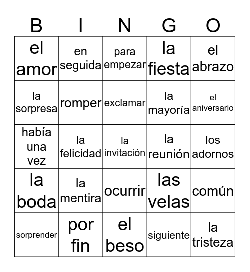 Una Historia De Amor Vocabulario Pt 1 Bingo Card