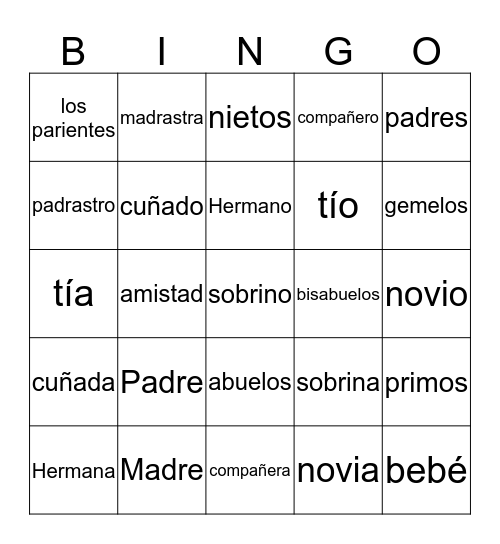 Family Vocab Bingo Card