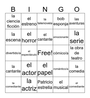Entertainment Vocab Bingo Card