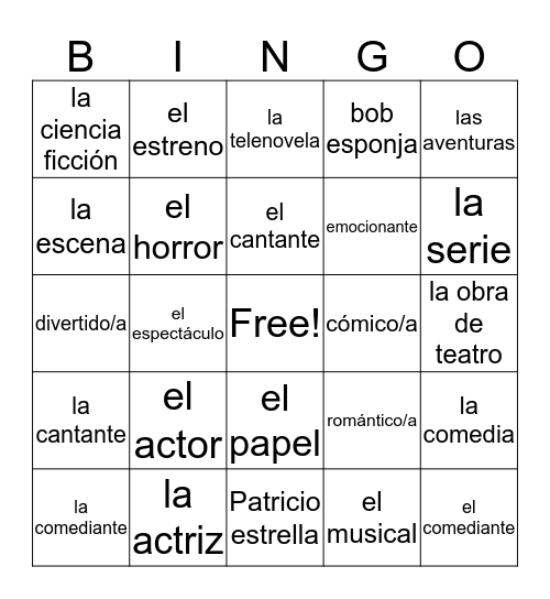 Entertainment Vocab Bingo Card