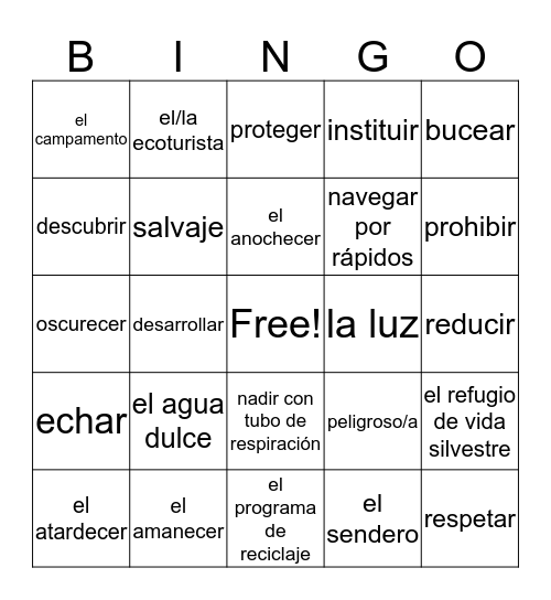 Acampando Vocabulario Bingo Card