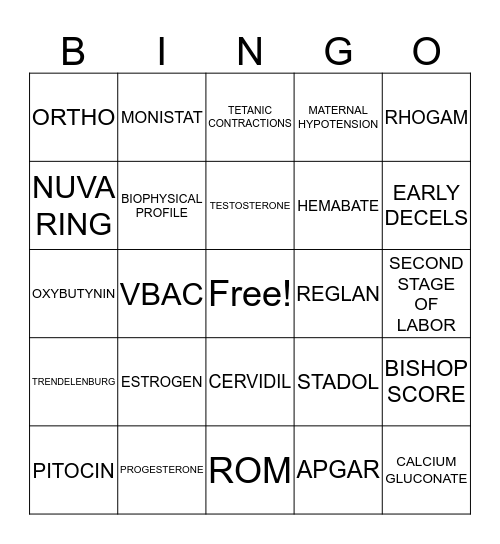 MATERNAL/OB NURSING Bingo Card