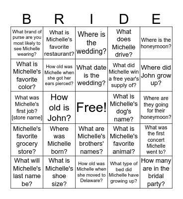 Bridal Bingo Card