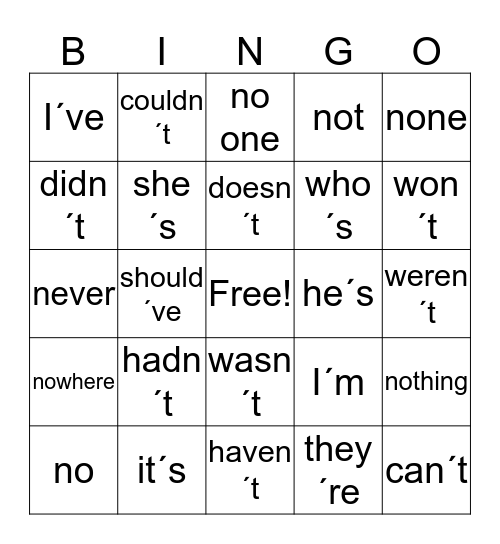 Contractions and Negatives Bingo Card
