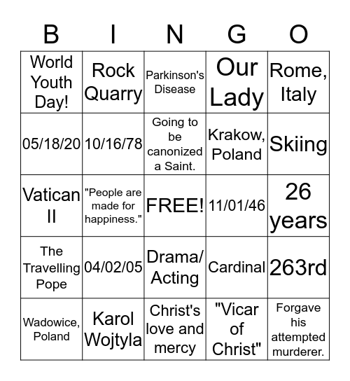 Blessed John Paul II Bingo Card