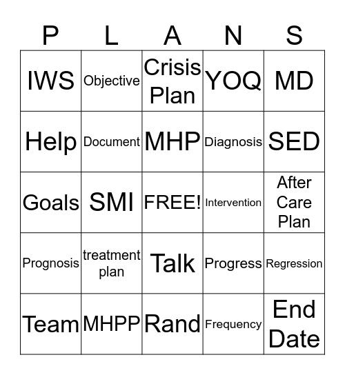 Treatment Plans Bingo Card