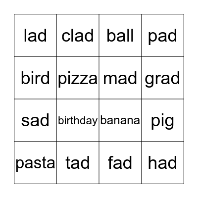 Phonics:  -AD BINGO Card